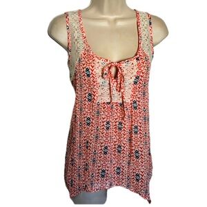 Spoiled Women’s Sleeveless Coral and Navy Geographic Print Lace Accented Top Lg
